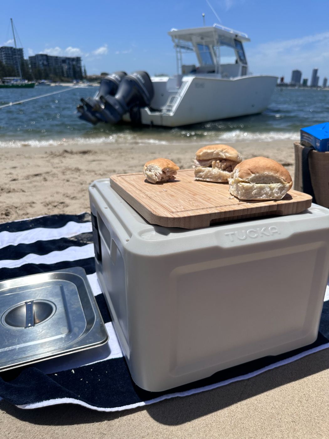 Junior Sous on boat seat, cold spread inside