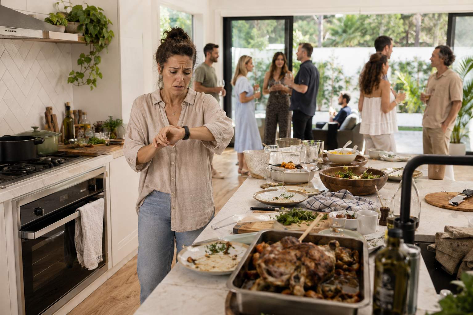 Host checking watch while family arrives